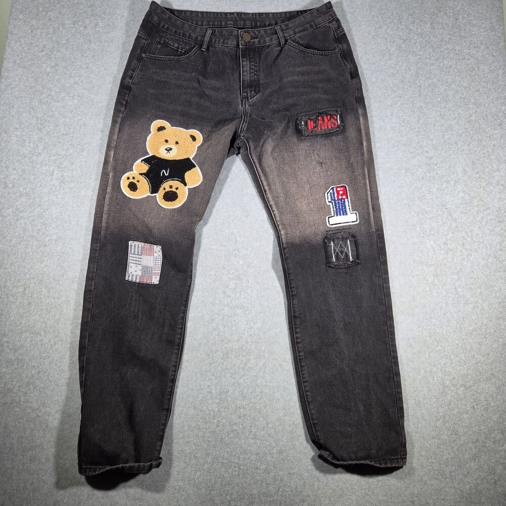 Men's Graphic Patchwork Streetwear Jeans Black Dark Gray 36 X 30 Bear Number 1